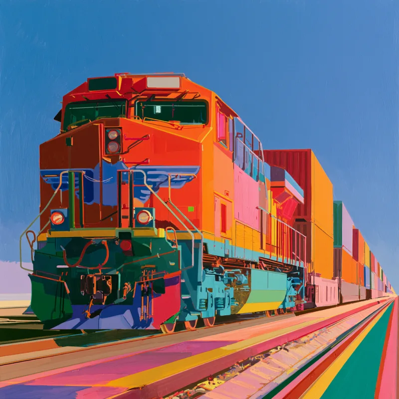 Painted three-quarter view of a freight locomotive hauling a container train along straight track under a clear sky, in vivid flat colour.